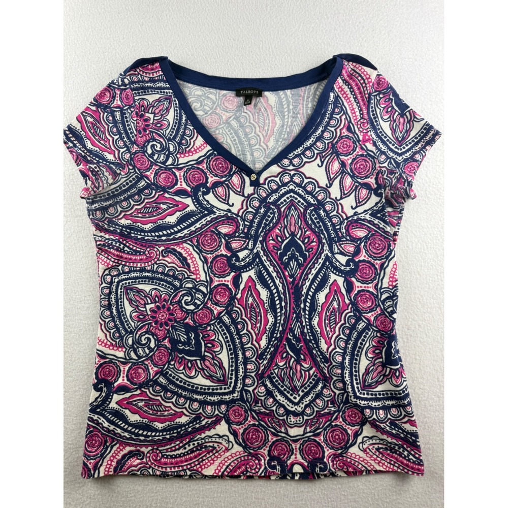 Talbots Womens M Pink Navy Blue Paisley V-Neck Short Sleeve Cotton Modal Top